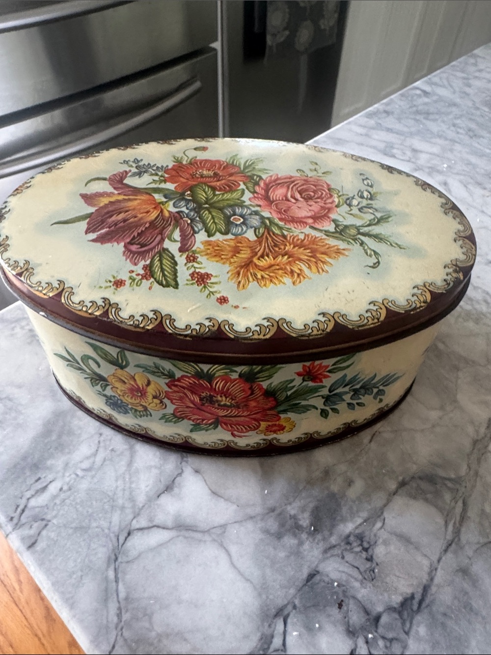 Daher Gold Metal tin oval floral Container - Designed by Daher 6x2.5 inches